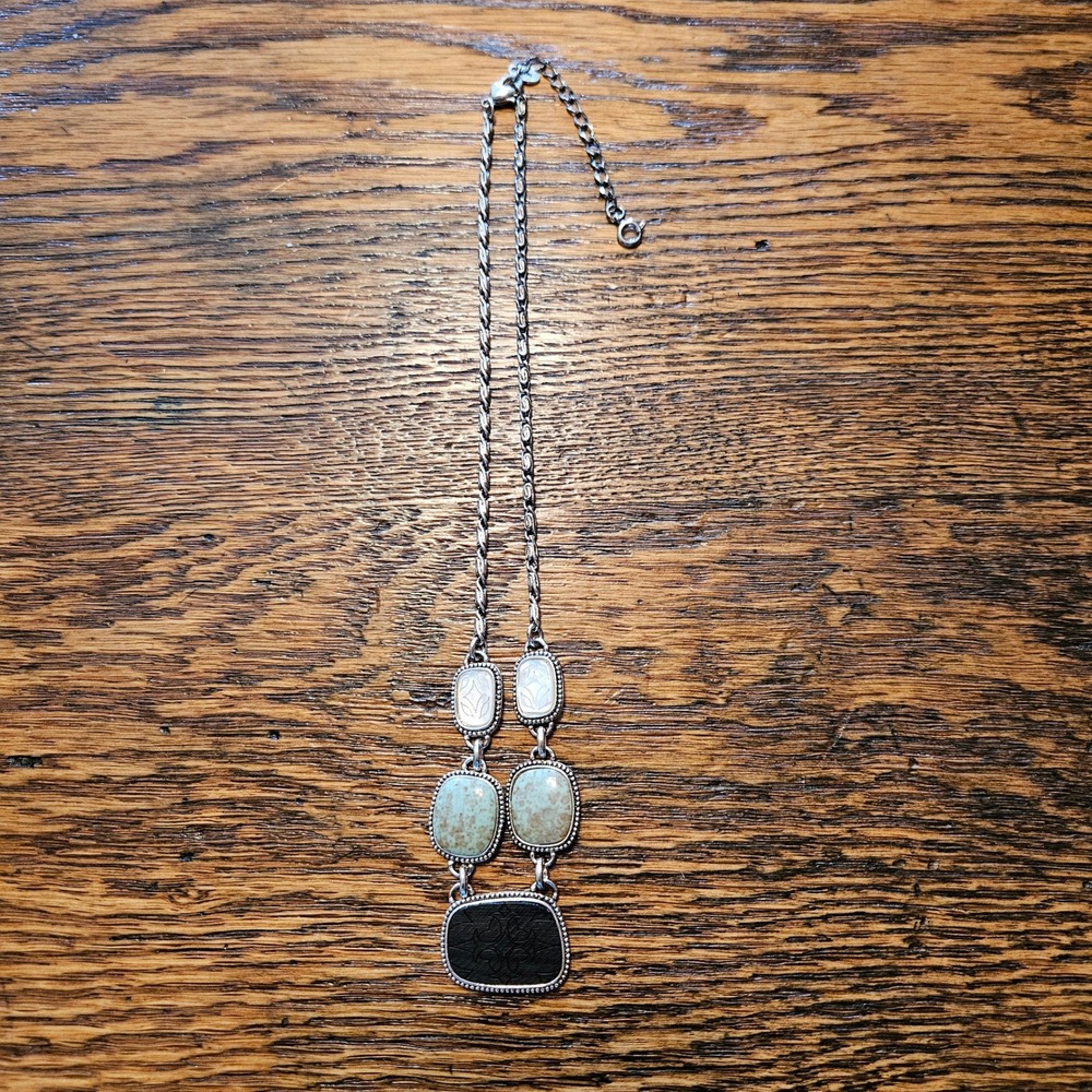 Monet Silver Tone Multi Stone Statement Necklace Turquoise Mother of Pearl Wood